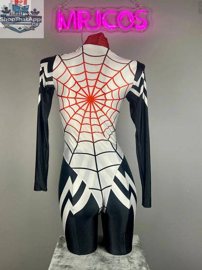 Woman wearing MRJCOS Super Hero Spandex open crotch cosplay bodysuit, superhero-themed lingerie costume with vibrant colors and form-fitting design.