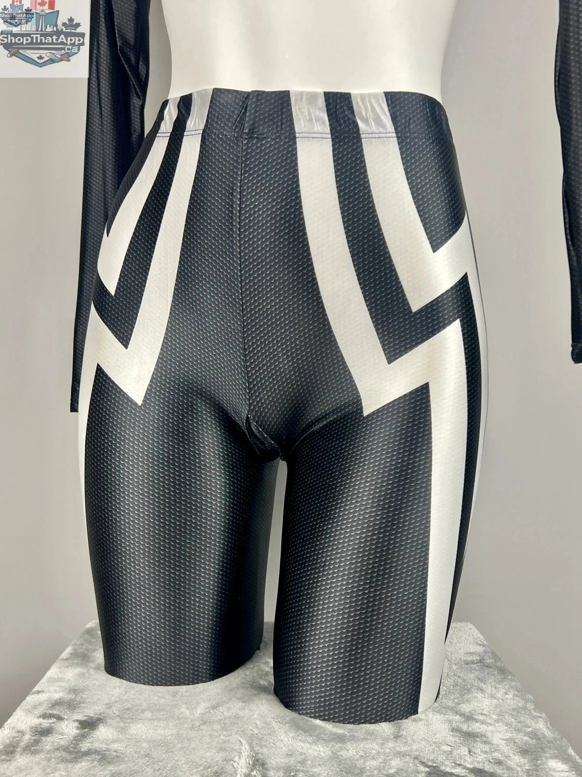Woman wearing MRJCOS superhero spandex open crotch cosplay bodysuit, featuring vibrant colors and form-fitting design.