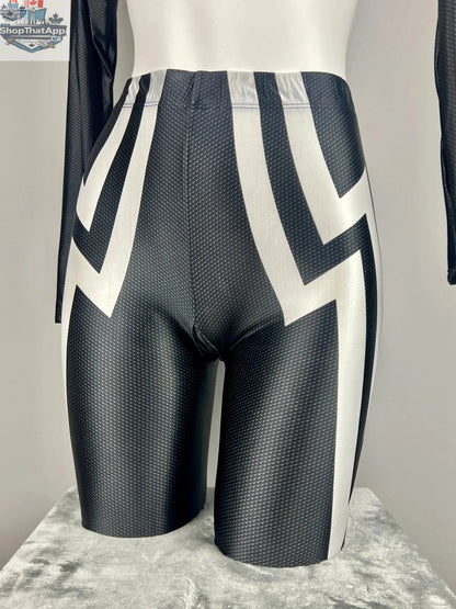 Woman wearing MRJCOS superhero spandex open crotch cosplay bodysuit, featuring vibrant colors and form-fitting design.