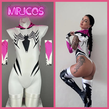 Woman in MRJCOS superhero bodysuit costume, spandex open-crotch design, sexy cosplay lingerie, vibrant and form-fitting.