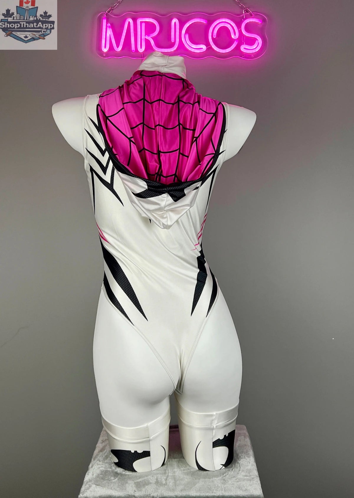 Woman wearing MRJCOS superhero bodysuit costume in spandex with open crotch, featuring a form-fitting, sexy superhero cosplay look.