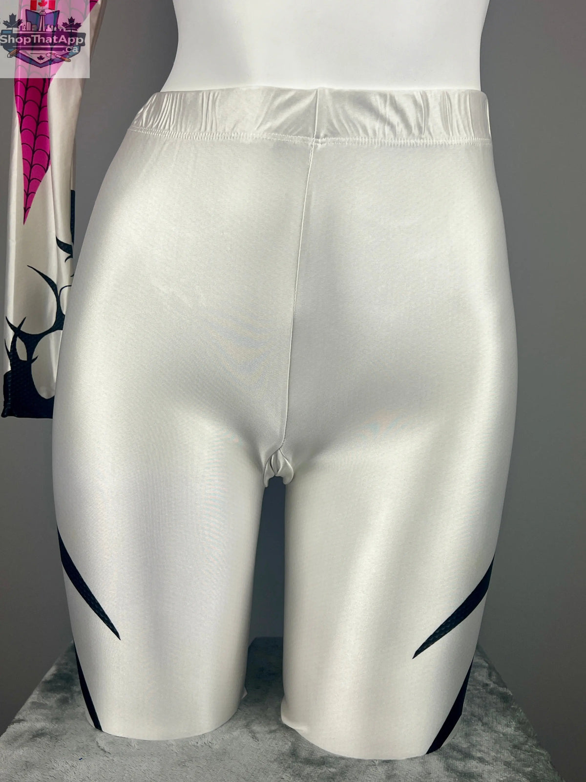 Woman wearing MRJCOS superhero bodysuit costume in spandex with open crotch design, perfect for cosplay and sexy lingerie.