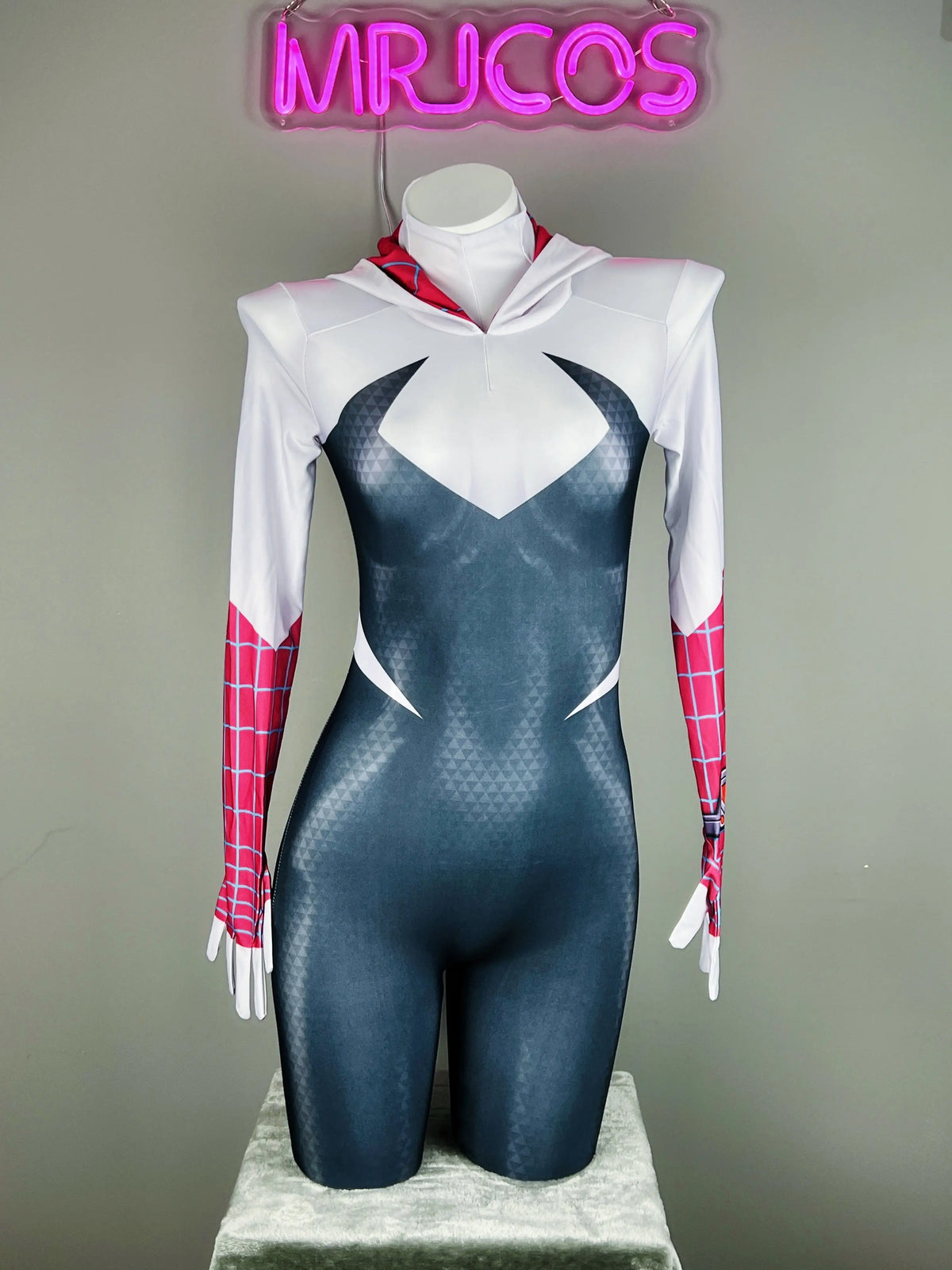 MRJCOS Spider Gwen Super Hero cosplay costume full bodysuit featuring vibrant spider-themed design for Halloween and costume events.