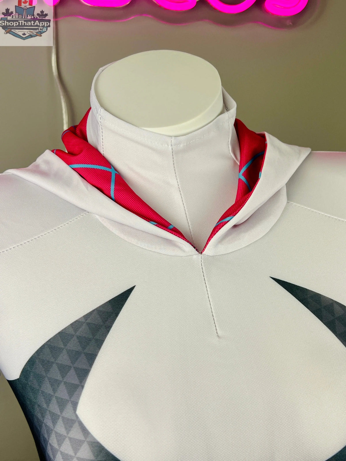MRJCOS Spider Gwen superhero cosplay costume full bodysuit, featuring vibrant web design and sleek black and pink accents.