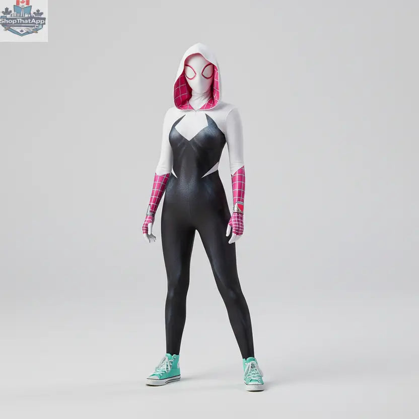 MRJCOS Spider Gwen superhero cosplay costume full bodysuit featuring red, black, and white design for Halloween cosplay and events.