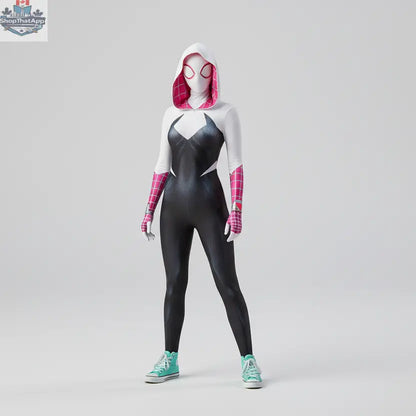 MRJCOS Spider Gwen superhero cosplay costume full bodysuit featuring red, black, and white design for Halloween cosplay and events.