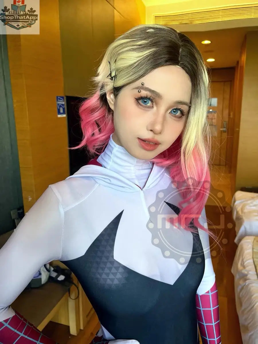 MRJCOS Spider Gwen cosplay costume full bodysuit featuring red, black, and white Zentai design for Halloween dress-up.