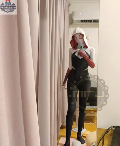 MRJCOS Spider Gwen Super Hero cosplay costume, full bodysuit Zentai design featuring red, black, and white details for Halloween.