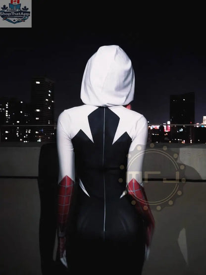 MRJCOS Spider Gwen superhero cosplay costume full bodysuit, featuring vibrant design and detailed spider web pattern, perfect for Halloween.