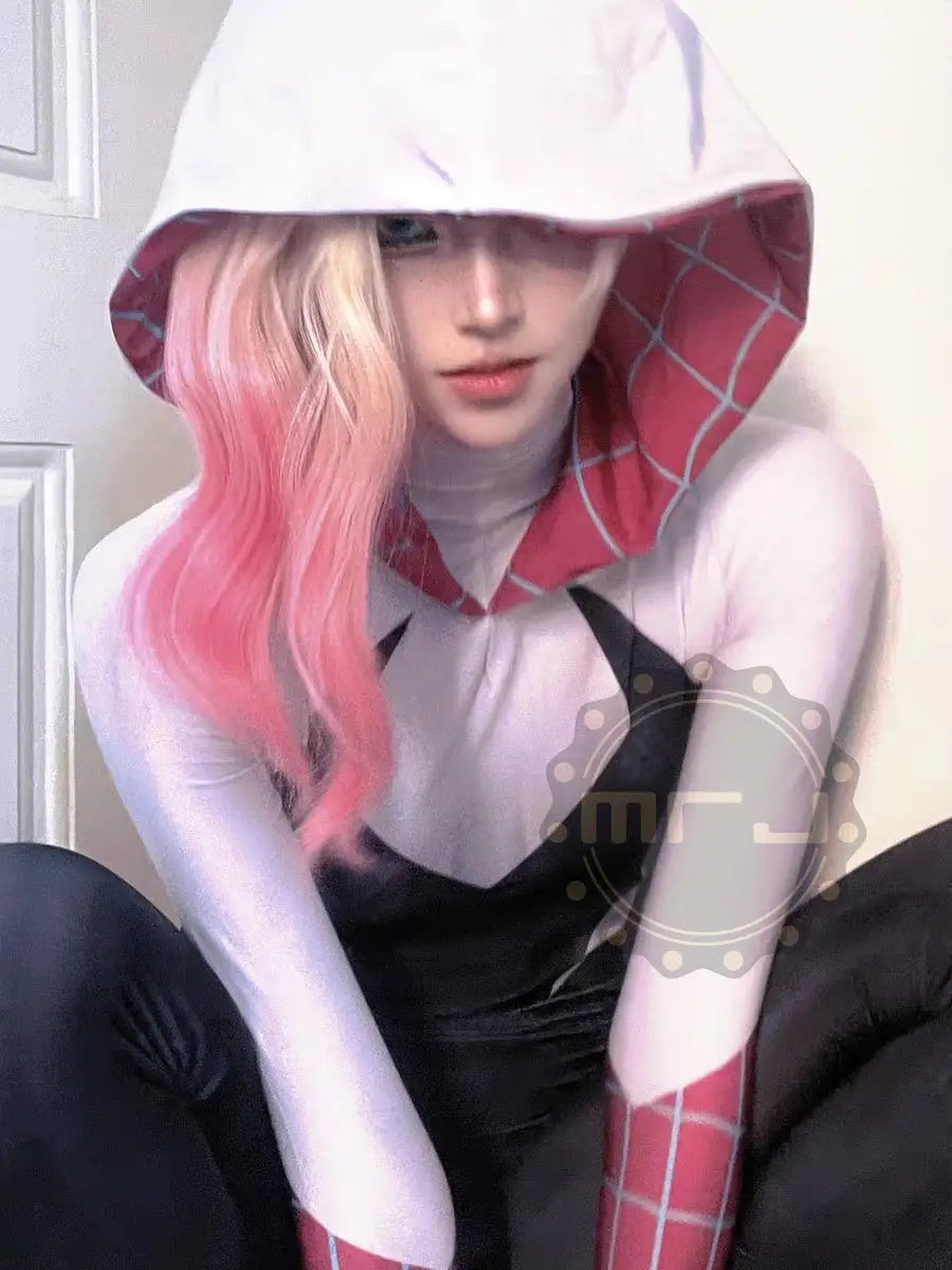 MRJCOS Spider Gwen superhero cosplay costume full bodysuit, featuring vibrant design and web pattern for Halloween or cosplay events.