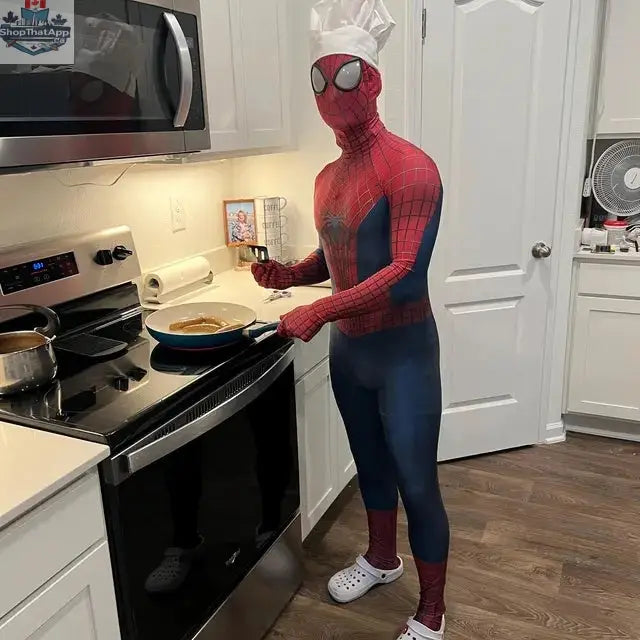 MRJCOS Spider-Man full bodysuit cosplay costume featuring red and blue design with web patterns, ideal for Halloween and comic events.
