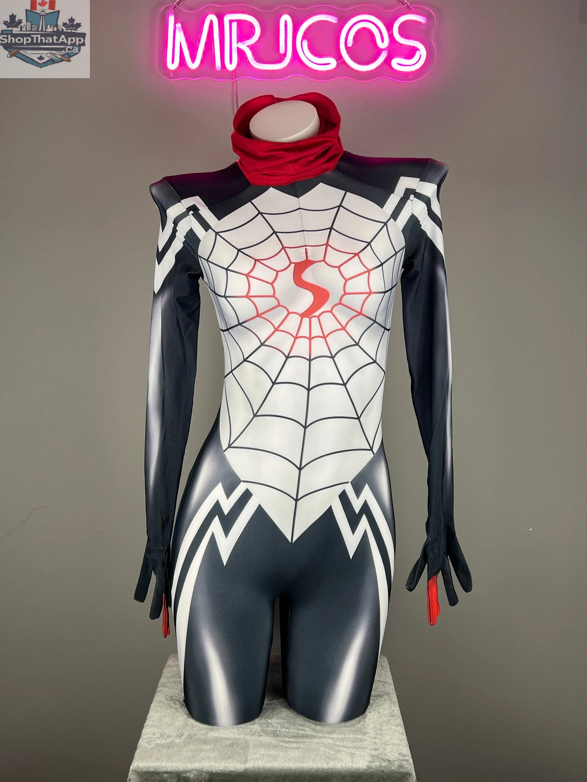MRJCOS Spider Cindy superhero cosplay costume with full bodysuit and Zentai design, perfect for Halloween superhero outfits.