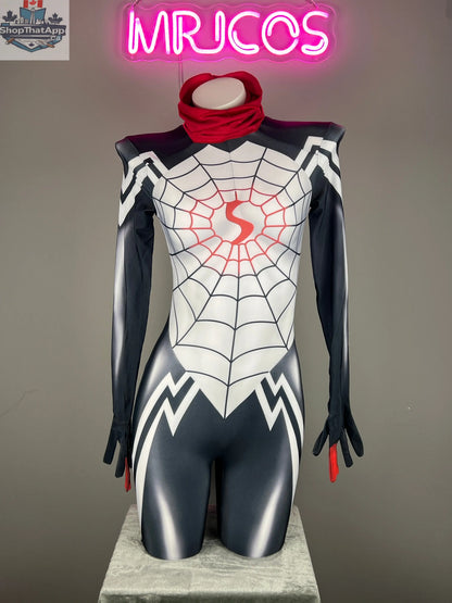 MRJCOS Spider Cindy superhero cosplay costume with full bodysuit and Zentai design, perfect for Halloween superhero outfits.