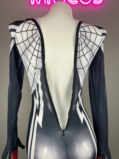 MRJCOS Spider Cindy superhero cosplay costume full bodysuit featuring a black and red Zentai design for Halloween or costume events.