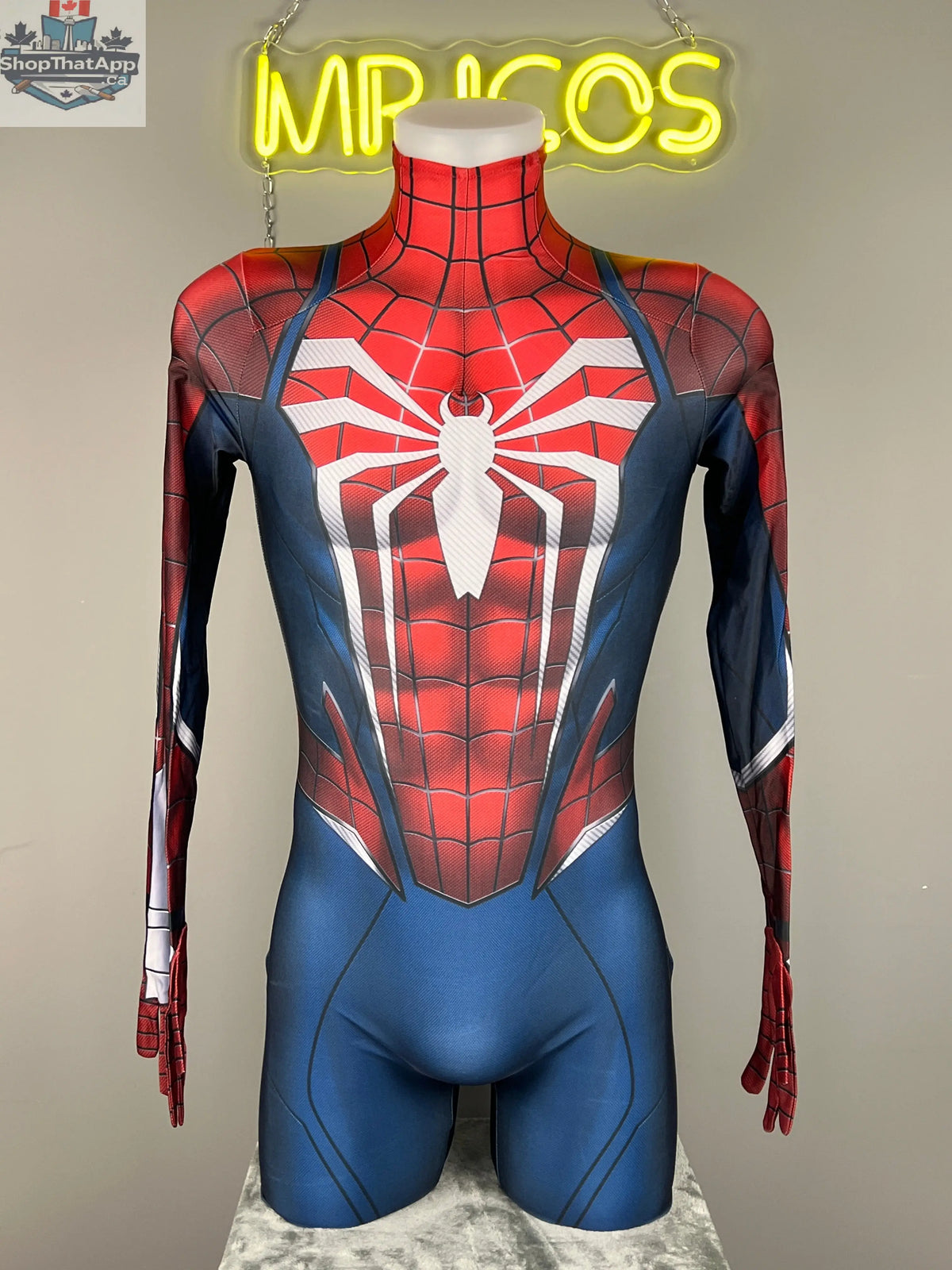 MRJCOS superhero Spider cosplay costume full bodysuit, perfect for Halloween, featuring red and blue design with web details.
