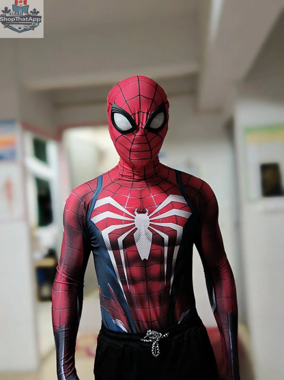MRJCOS superhero Spider cosplay costume full bodysuit for Halloween featuring red and black spider web design.