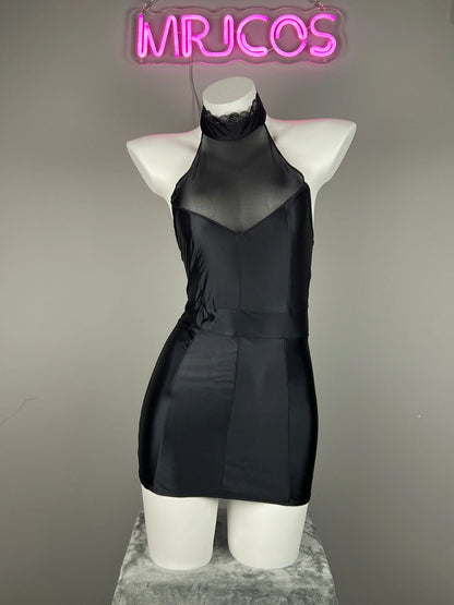 Satin spandex halter dress by MRJCOS, sleeveless short lingerie with an alluring style, showcasing smooth fabric and fitted design.