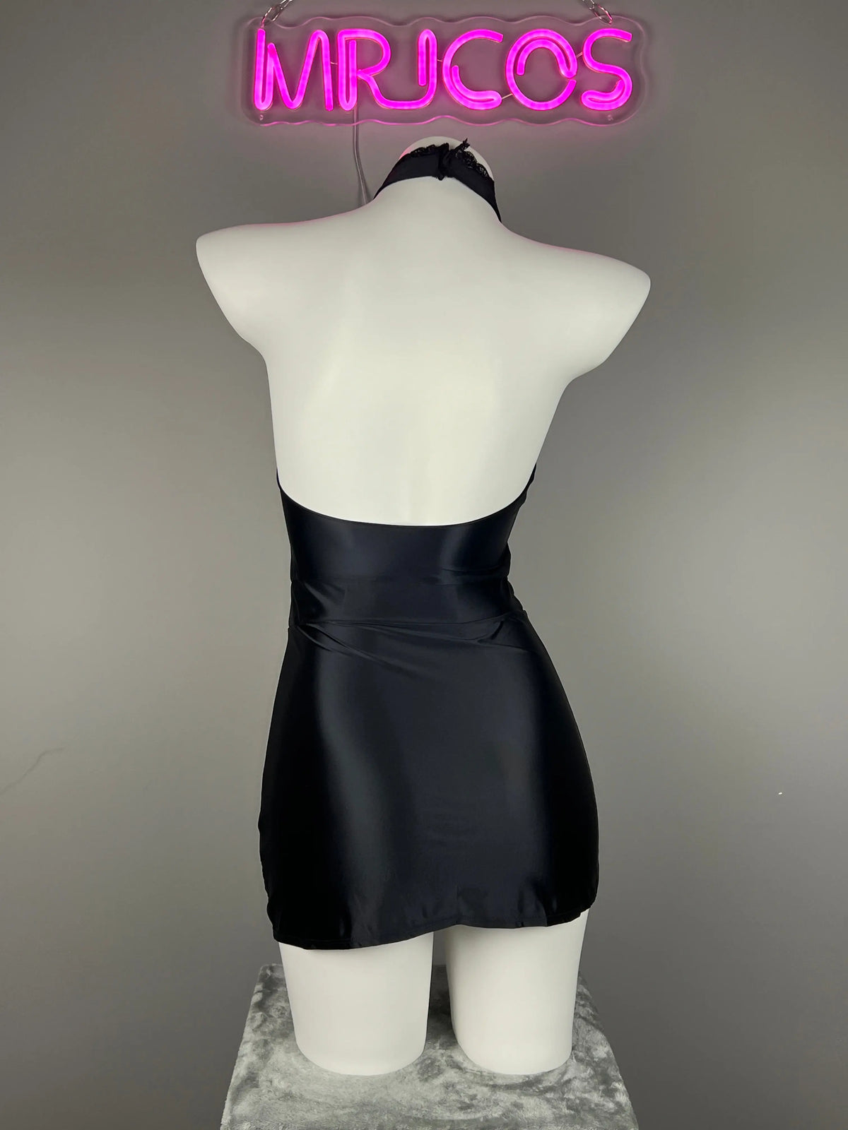 Satin spandex halter dress by MRJCOS, sleeveless short lingerie with alluring style, shown in a close-up image.