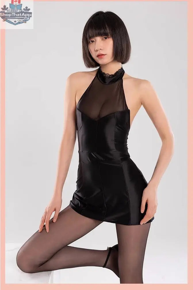 Satin spandex halter dress by MRJCOS featuring sleeveless design, short length, perfect for alluring style.