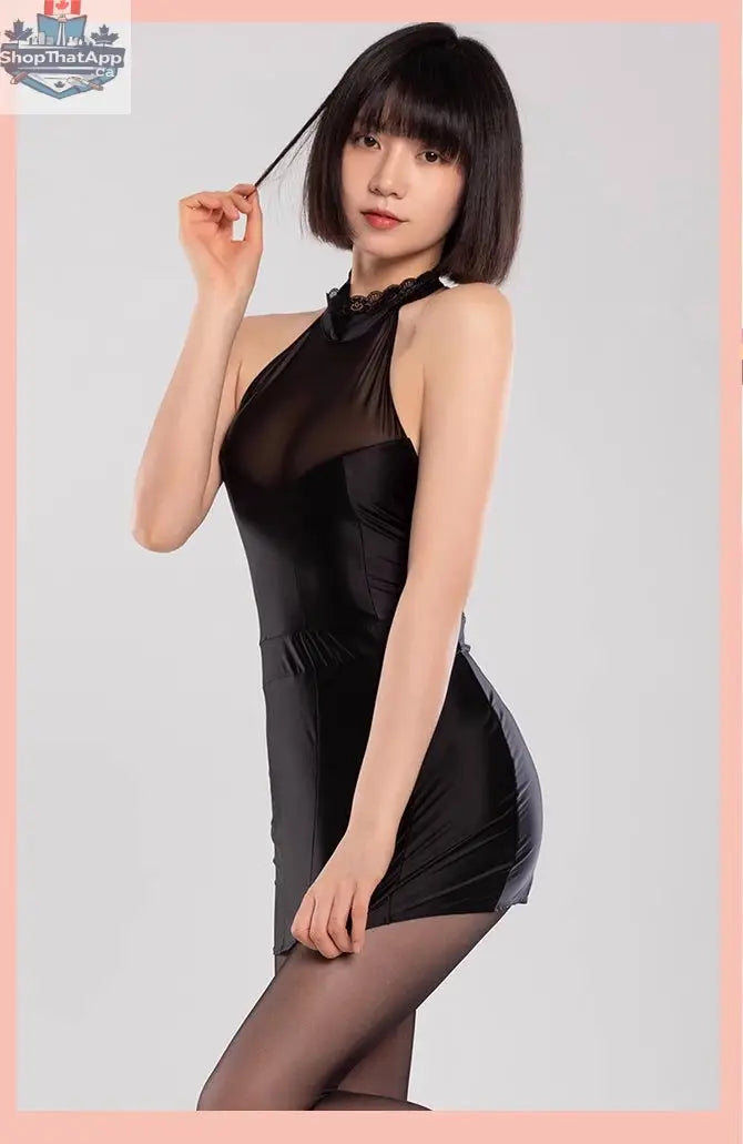 Satin spandex halter dress by MRJCOS, sleeveless short lingerie style with alluring fit and smooth satin finish.
