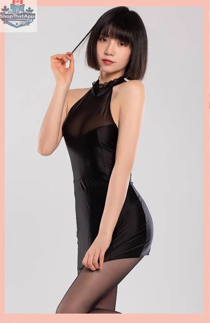 Satin spandex halter dress by MRJCOS, sleeveless short lingerie style with alluring fit and smooth satin finish.