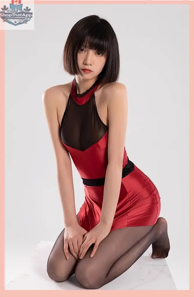 MRJCOS satin spandex halter dress, sleeveless short lingerie with alluring style, shown on a model.