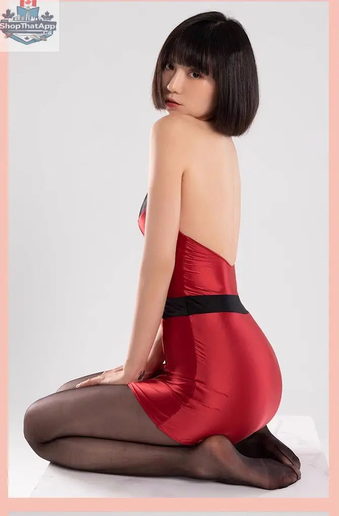 Satin spandex halter dress by MRJCOS, sleeveless short lingerie with alluring style, shown in a close-up image.