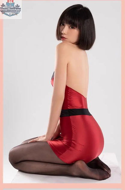 Satin spandex halter dress by MRJCOS, sleeveless short lingerie with alluring style, shown in a close-up image.