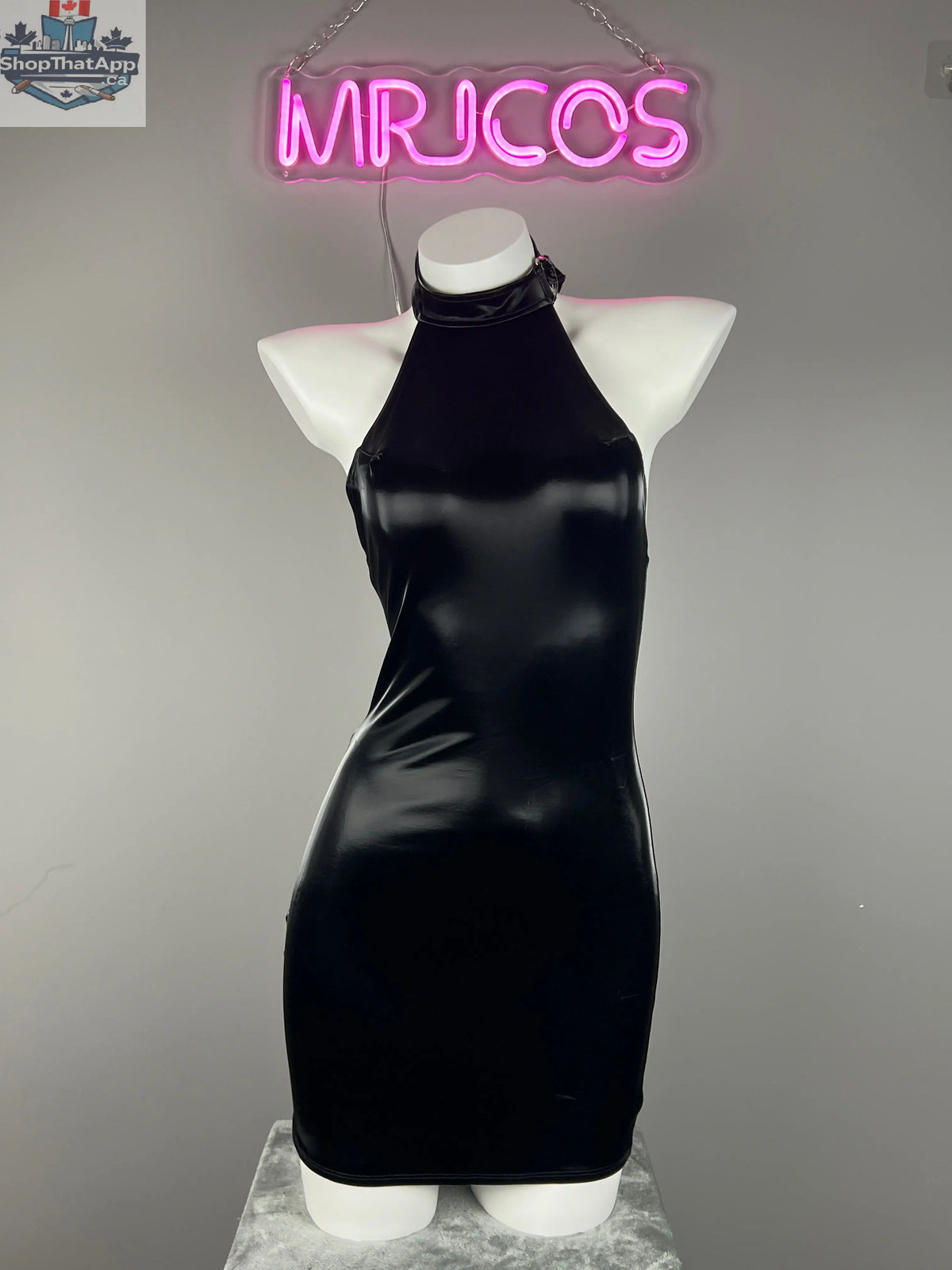 Gothic black leather halter dress by MRJCOS, sleeveless PU lingerie for parties, featuring a fitted design and edgy style.