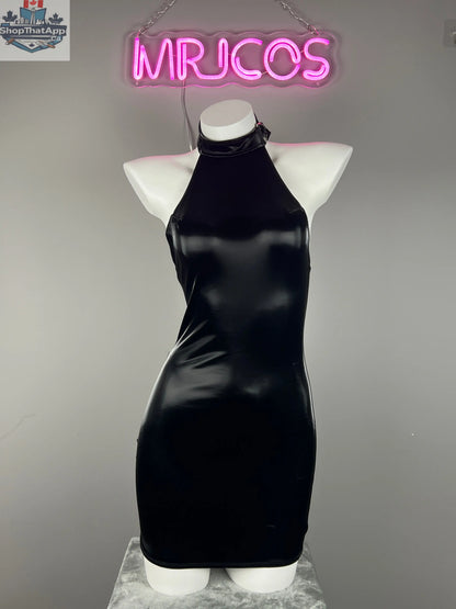 Gothic black leather halter dress by MRJCOS, sleeveless PU lingerie for parties, featuring a fitted design and edgy style.