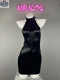 Gothic black leather halter dress by MRJCOS, sleeveless PU lingerie for parties, featuring a fitted design and edgy style.