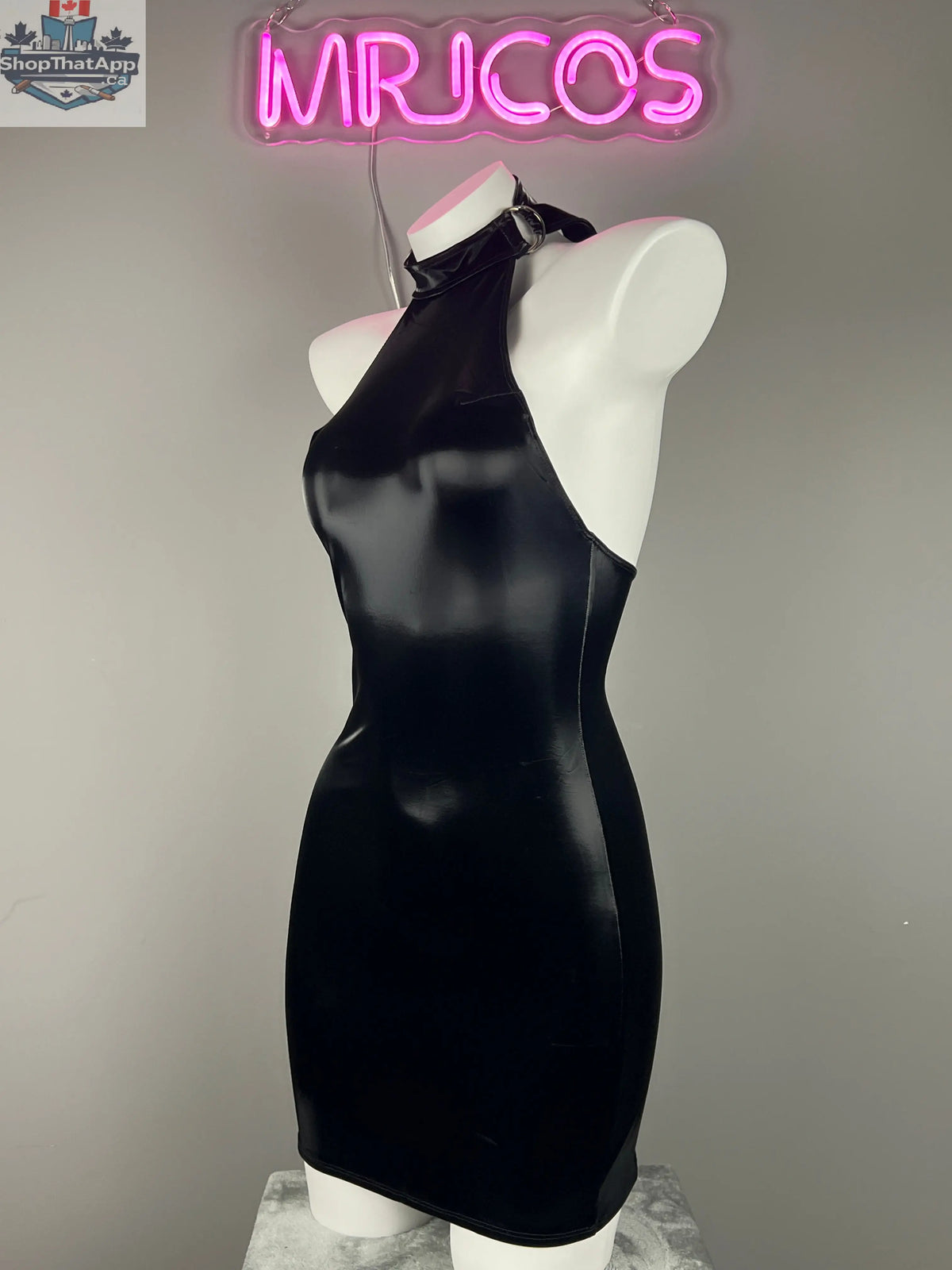 Gothic leather halter dress by MRJCOS, sleeveless PU lingerie style dress with edgy design, perfect for parties or night out.