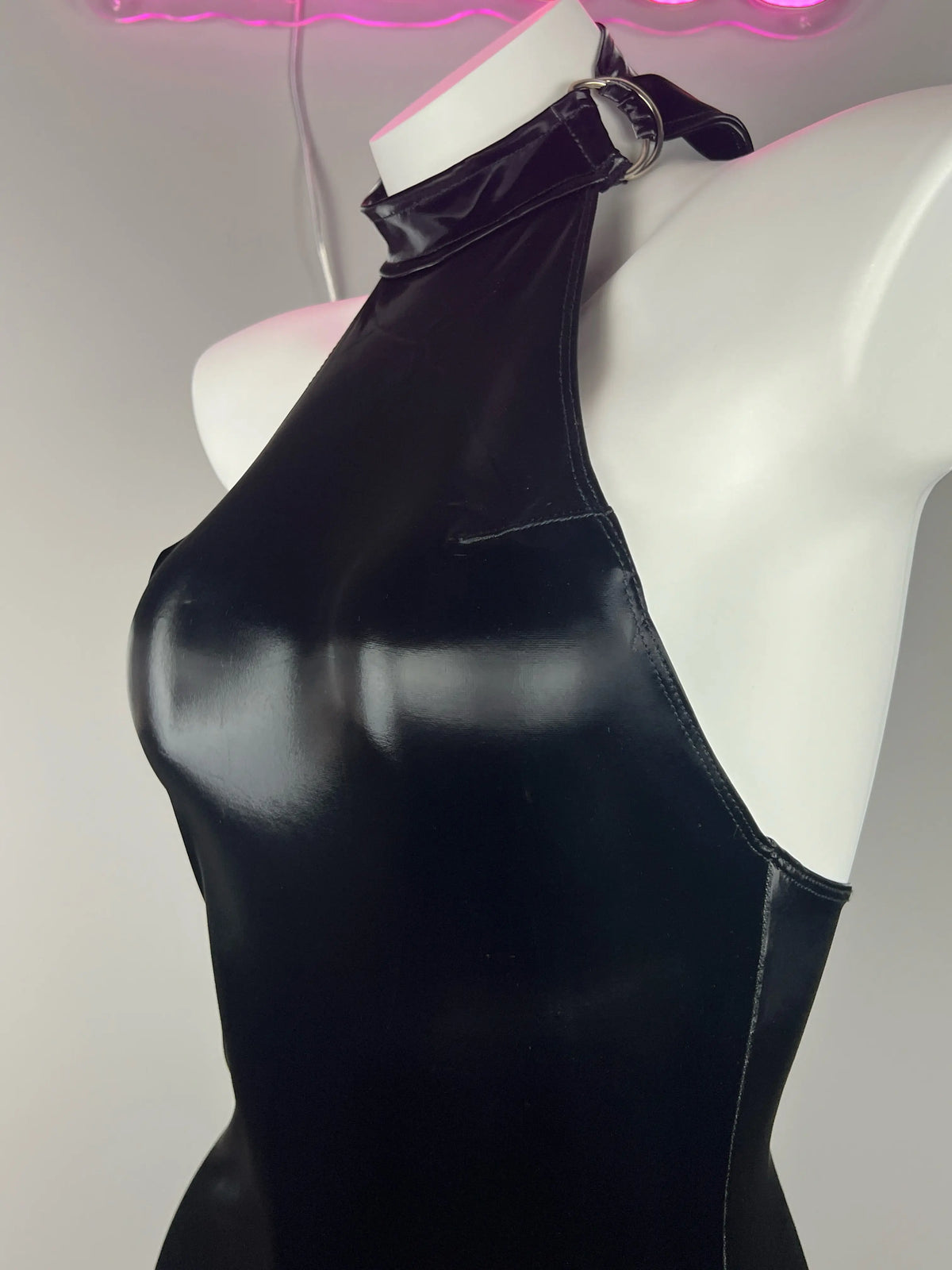 Gothic black leather halter dress by MRJCOS, sleeveless PU lingerie style for parties, with fitted design and bold style.