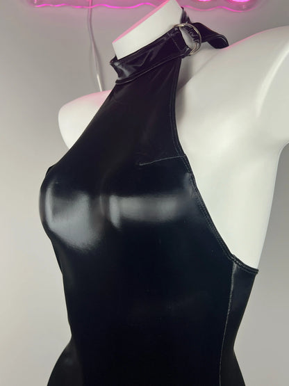 Gothic black leather halter dress by MRJCOS, sleeveless PU lingerie style for parties, with fitted design and bold style.