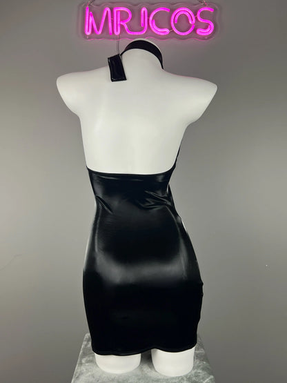 Gothic black leather halter dress by MRJCOS, sleeveless PU lingerie style dress perfect for parties and night out.