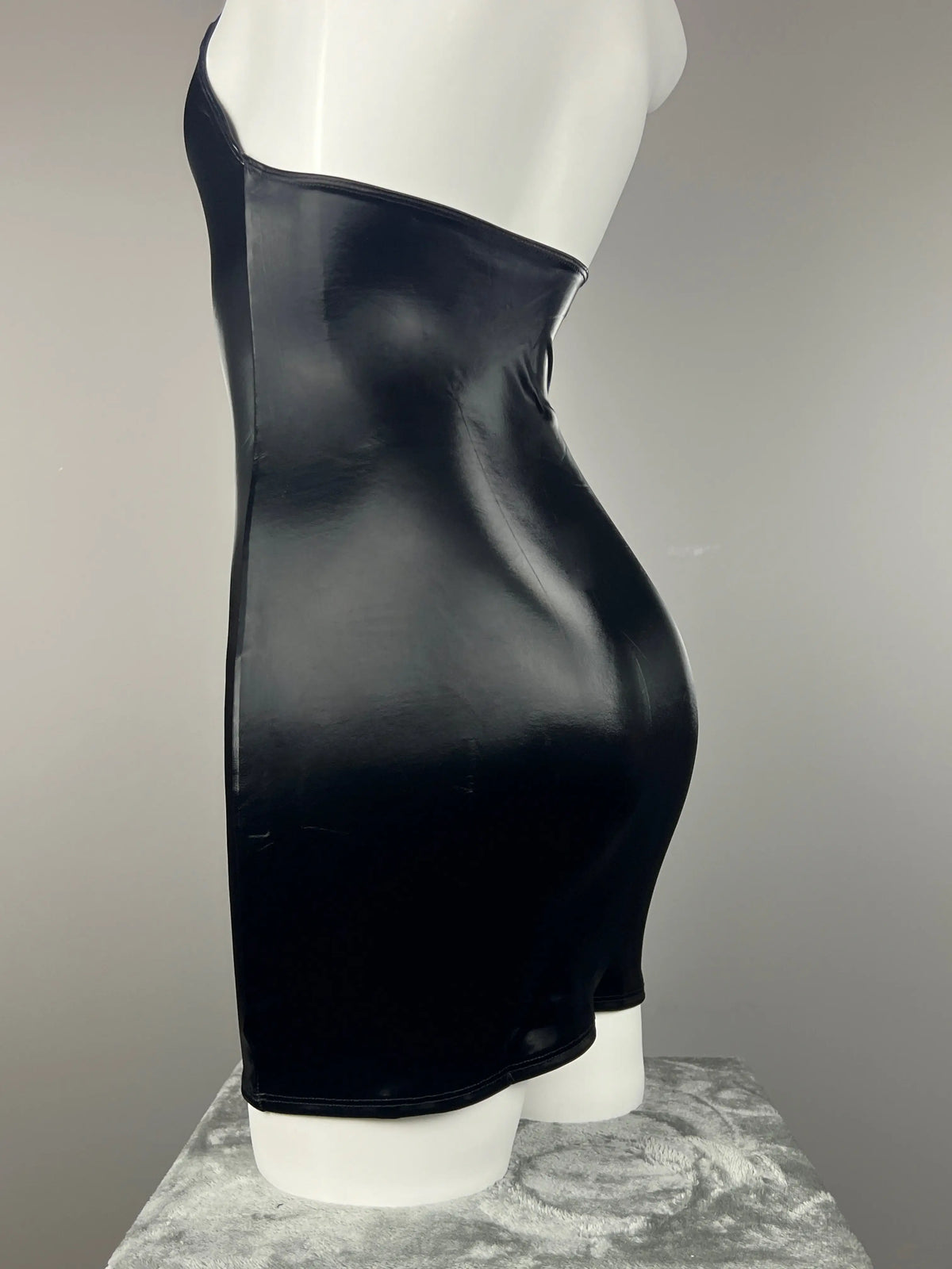 Gothic black leather halter dress by MRJCOS, sleeveless PU lingerie style for parties, featuring a fitted design and bold style.