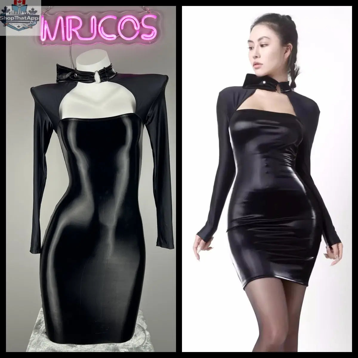 Black gothic PU leather dress with long sleeves and spandex fit, featuring a sleek, edgy lingerie-inspired design by MRJCOS.