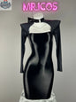 Gothic black PU leather party dress with long sleeves and spandex fit, featuring a sleek, tight lingerie-inspired design by MRJCOS.