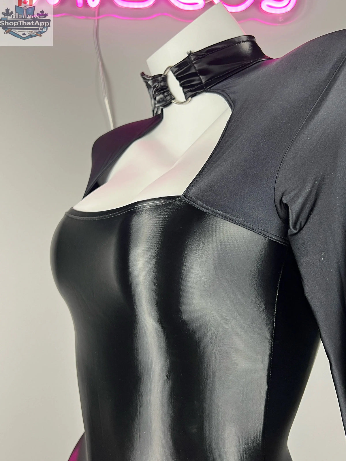 Gothic black PU leather party dress with long sleeves, fitted spandex lingerie-style design by MRJCOS, shown on a model.