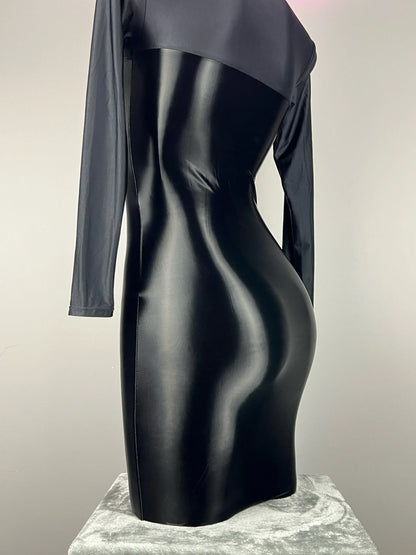 Gothic black PU leather party dress with long sleeves and spandex fit, designed by MRJCOS for a sleek, daring look.
