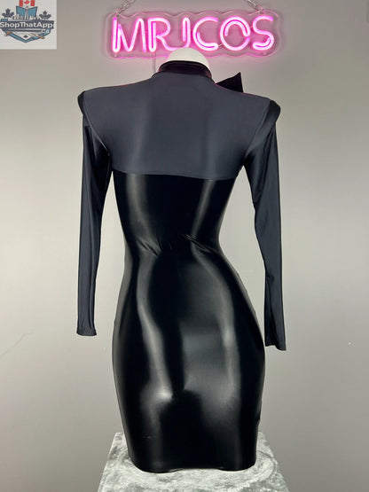 Gothic black PU leather party dress with long sleeves and spandex fit, designed by MRJCOS, perfect for stylish evening wear.