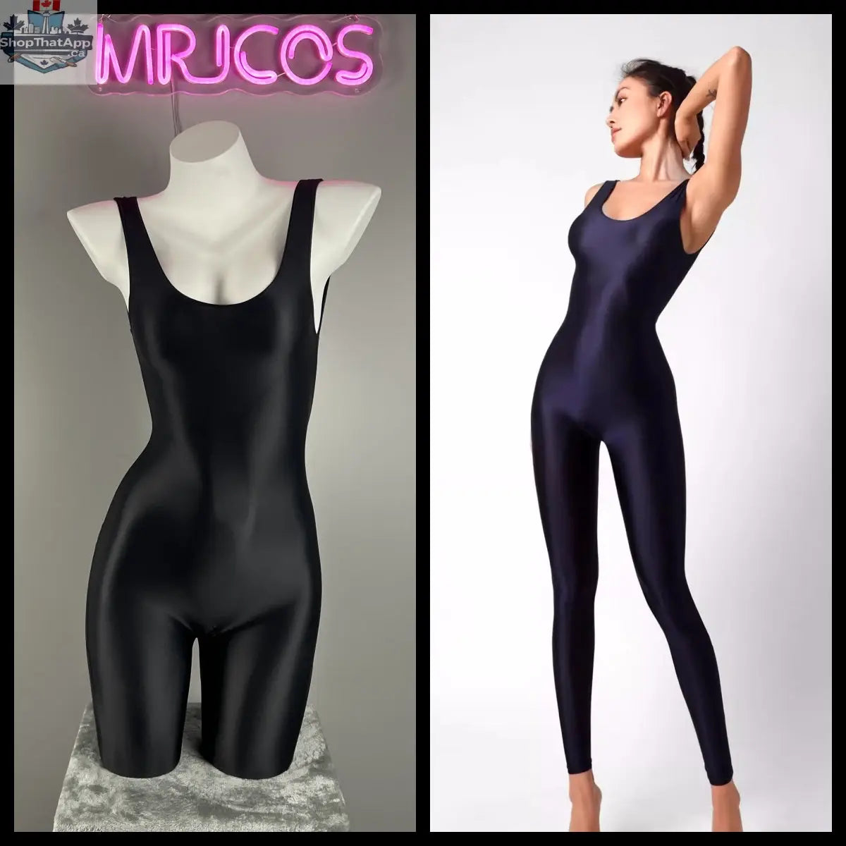 Glossy sleeveless sheer spandex bodysuit by MRJCOS, stretchy silky yoga suit and lingerie, shown in a form-fitting dress style.