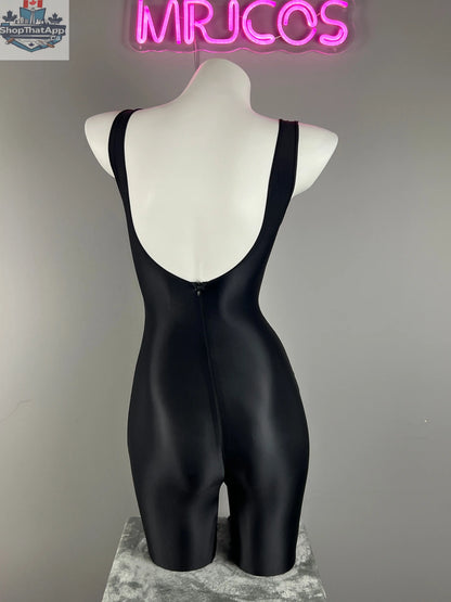 Glossy sleeveless sheer spandex bodysuit by MRJCOS, smooth silky yoga suit lingerie, form-fitting dress for active or stylish wear