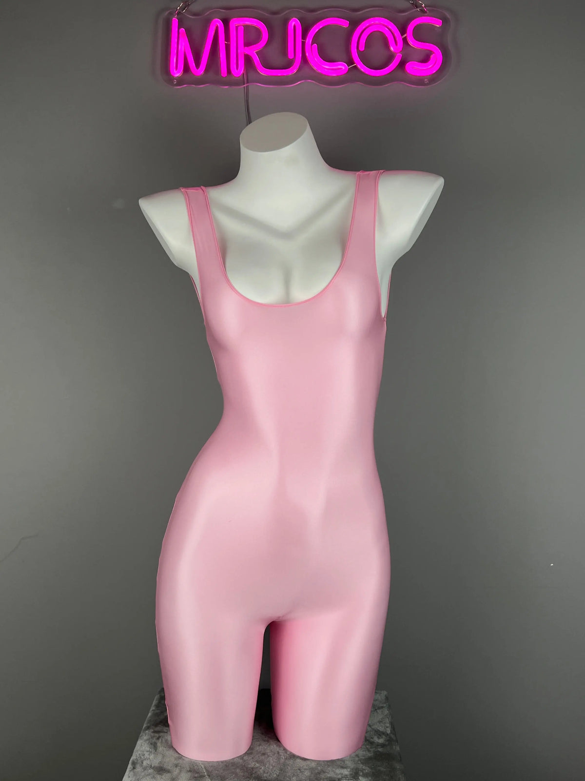 Glossy sleeveless sheer spandex bodysuit by MRJCOS, featuring silky, form-fitting design ideal for yoga or lingerie wear.