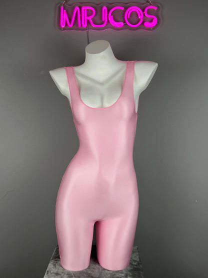 Glossy sleeveless sheer spandex bodysuit by MRJCOS, featuring silky, form-fitting design ideal for yoga or lingerie wear.
