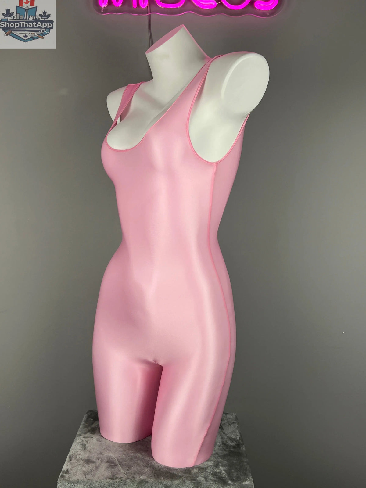 Glossy sleeveless sheer spandex bodysuit from MRJCOS, silky yoga suit lingerie displayed on a model.