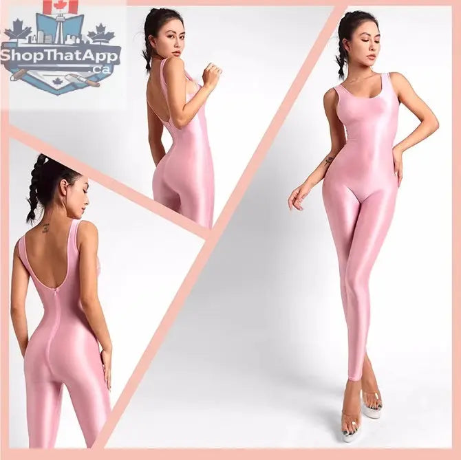 Glossy sleeveless sheer spandex bodysuit by MRJCOS, featuring silky fabric and form-fitting design for yoga or lingerie wear.