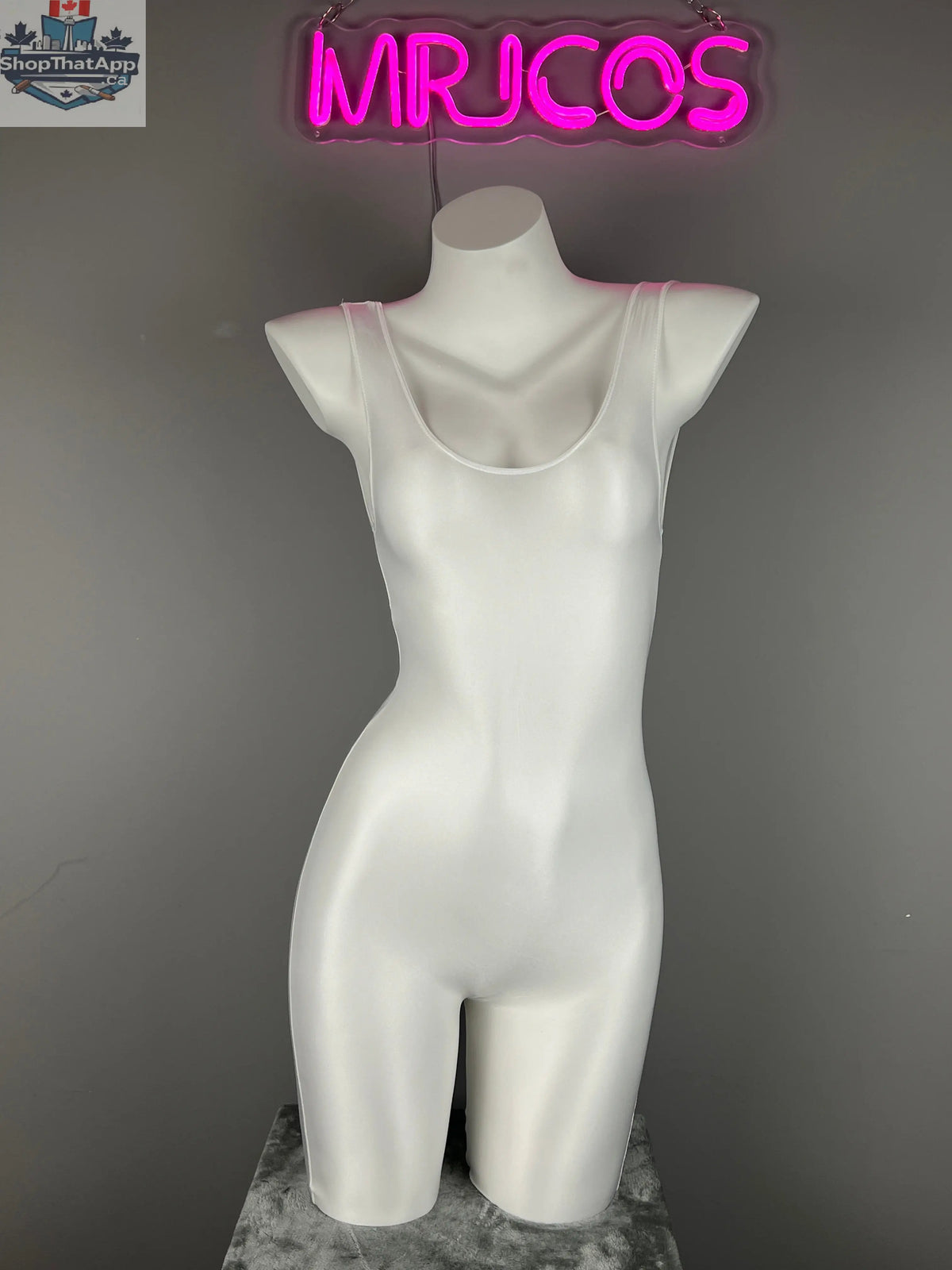 Glossy sleeveless sheer spandex bodysuit by MRJCOS, featuring silky fabric and a sleek, form-fitting yoga and lingerie dress style.