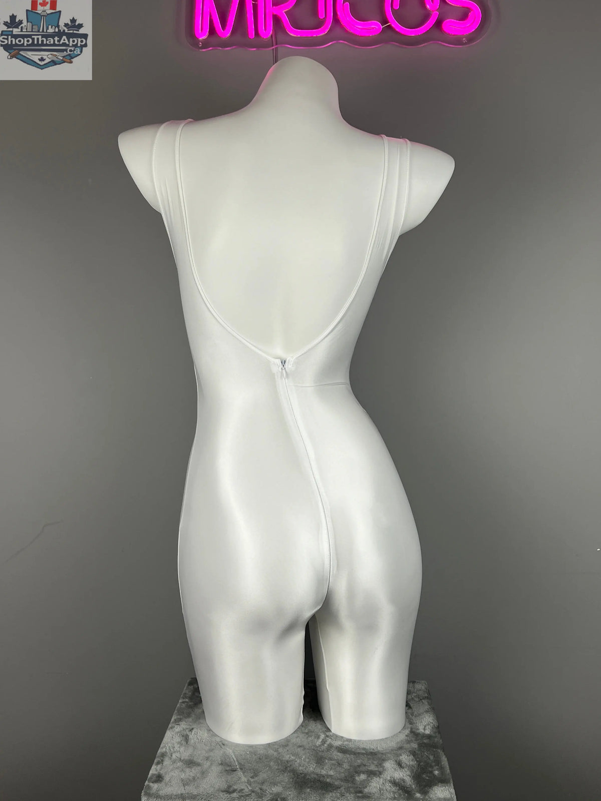 Glossy sheer sleeveless spandex bodysuit from MRJCOS, ideal for yoga or lingerie, with silky, stretchy fabric and form-fitting design.