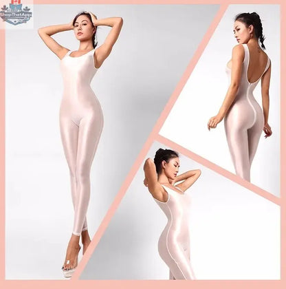 Glossy sleeveless sheer spandex bodysuit by MRJCOS, form-fitting yoga suit, silky and stretchy lingerie dress with a sleek appearance.